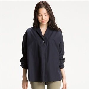 Uniqlo Navy Extra Fine Cotton Oversized Open Collar Long Poplin Shirt Size S